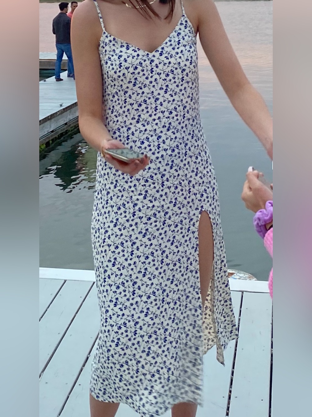 Reformation Blue Floral Print Midi Dress with Side Slit